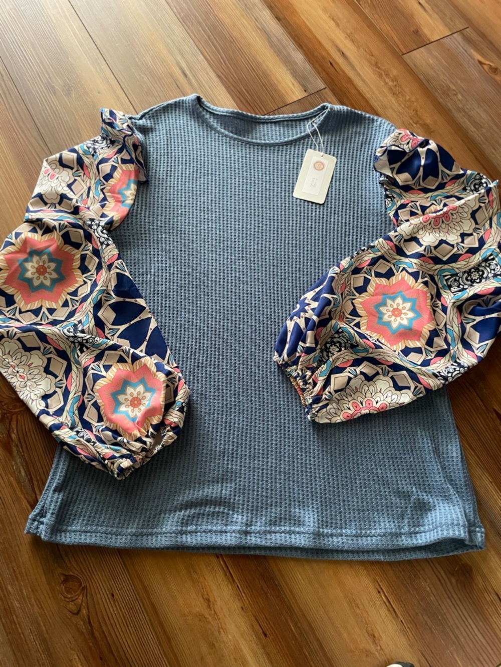 Waffle Knit Blue Top with Patterned Puff Sleeves